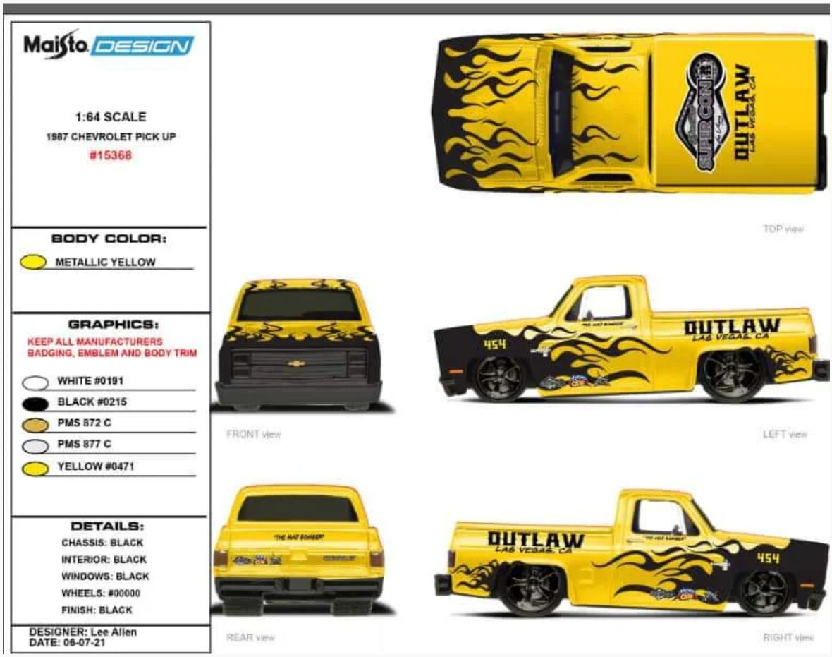 Maisto Silverado Outlaw - Yellow with Black Flames - 2515 Outlaw - Super Con 2022
