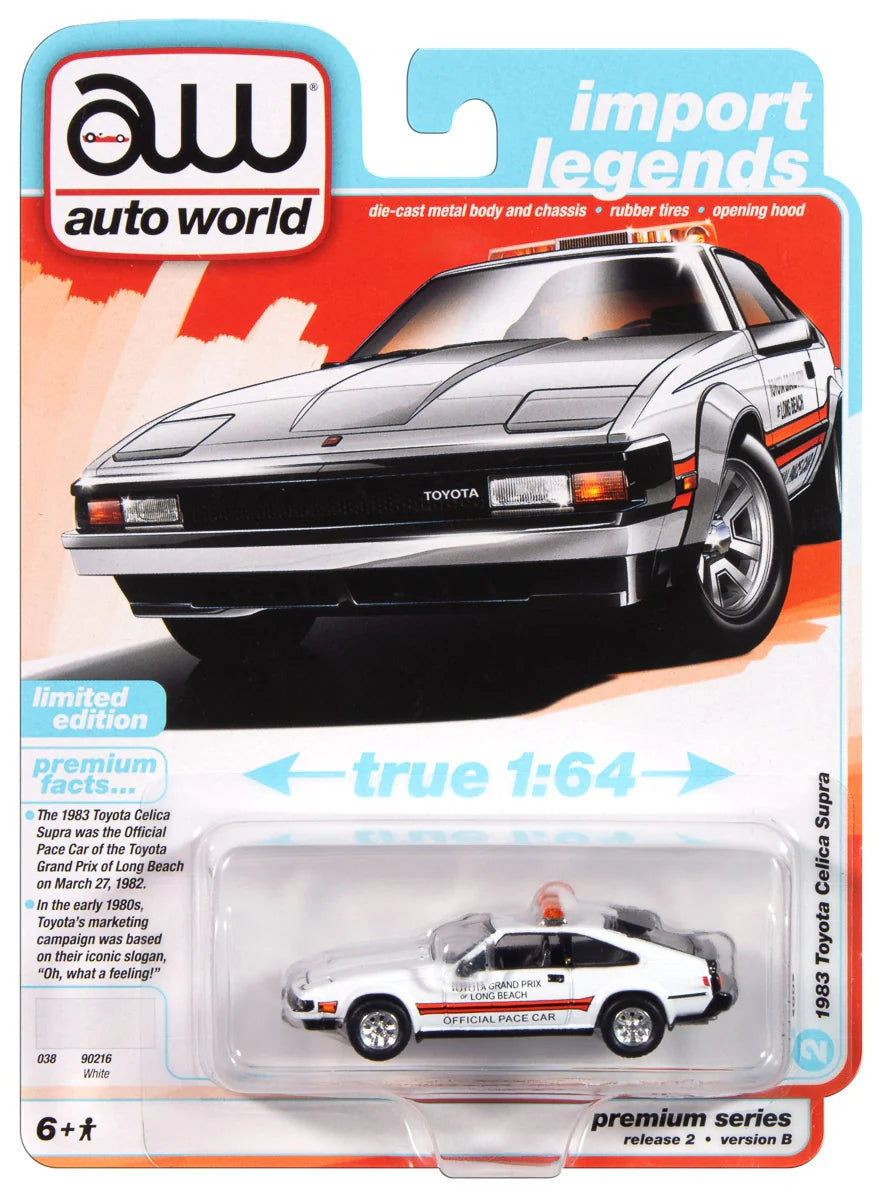 Toyota Celica Supra 1983 (blanche avec graphismes officiels du Grand Prix de Long Beach et barre lumineuse de toit) - AWSP166B