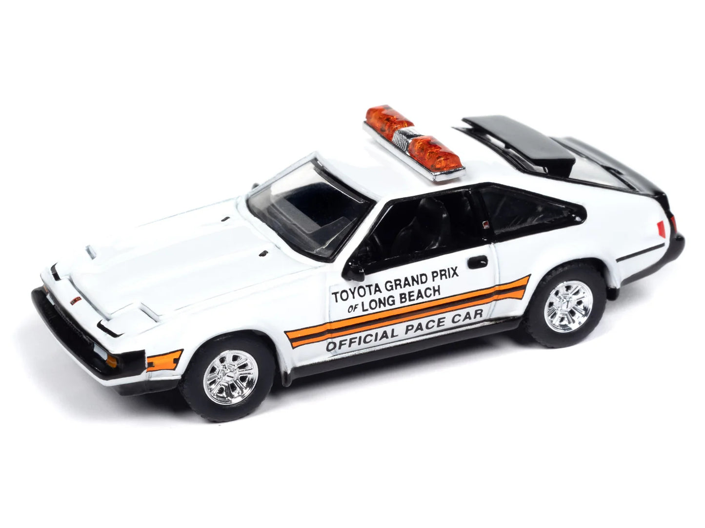 Toyota Celica Supra 1983 (blanche avec graphismes officiels du Grand Prix de Long Beach et barre lumineuse de toit) - AWSP166B