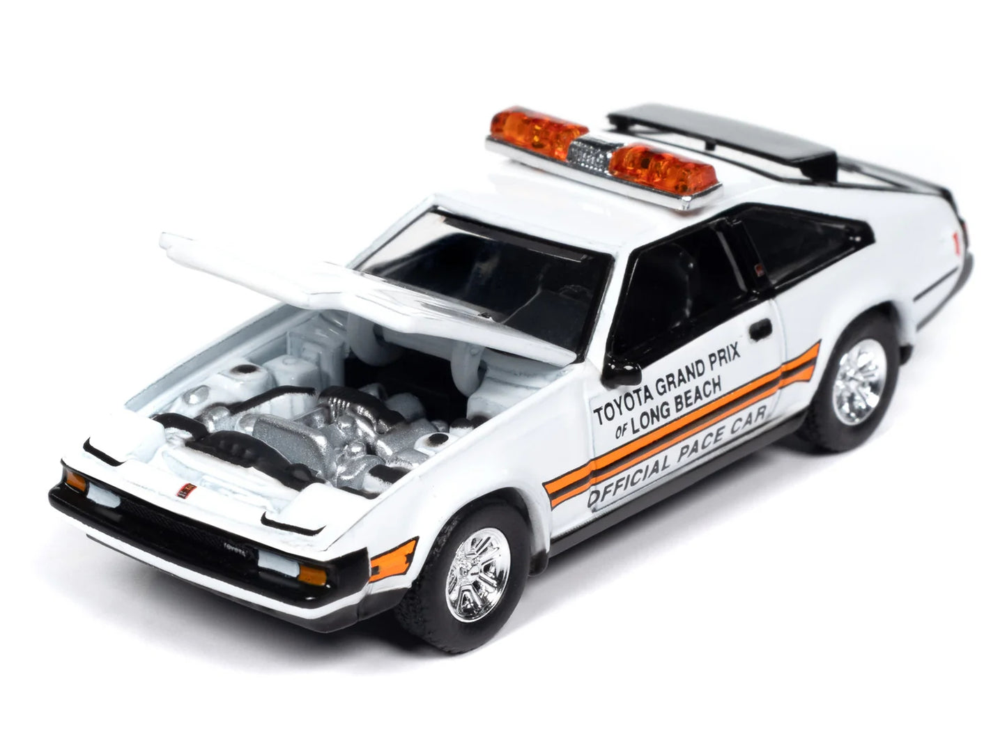 Toyota Celica Supra 1983 (blanche avec graphismes officiels du Grand Prix de Long Beach et barre lumineuse de toit) - AWSP166B
