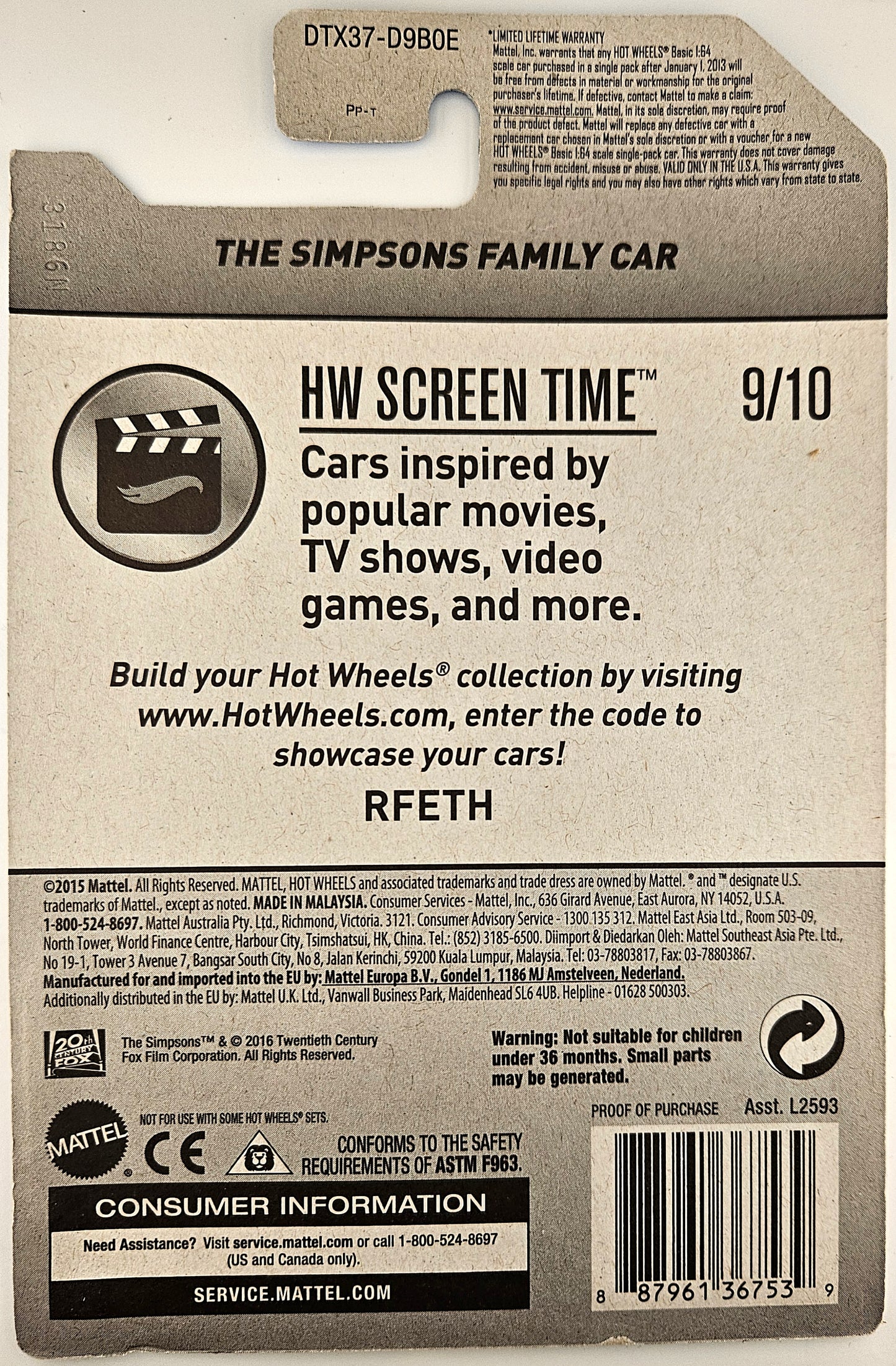 Coche familiar Hot Wheels de Los Simpsons HW Screen Time DTX37
