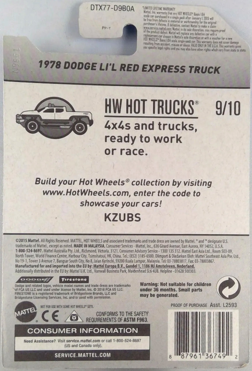 Hot Wheels 1978 Dodge Li'l Red Express Truck HW Hot Trucks DTX77 - Raro