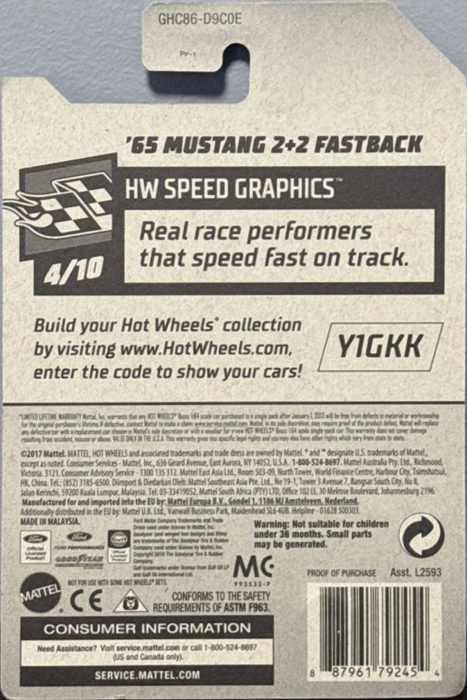 Rear of Hot Wheels ’65 Mustang 2+2 Fastback GHC86 packaging showing HW Speed Graphics 4/10 and UPC 887961792454.