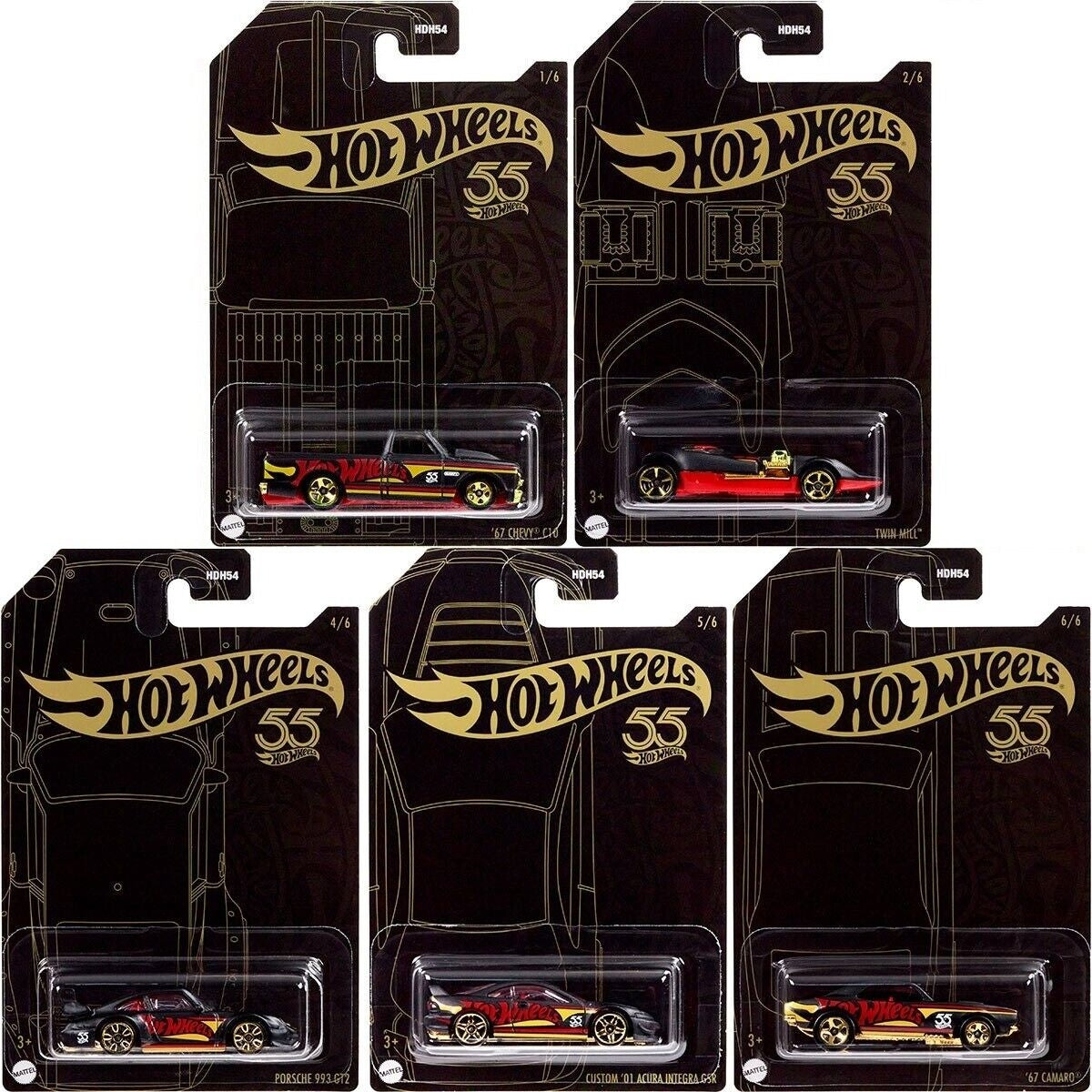 Hot Wheels 55e anniversaire, pack de 5 figurines Pearl et Chrome (mix 2) - HLK02 - HDH54-956D