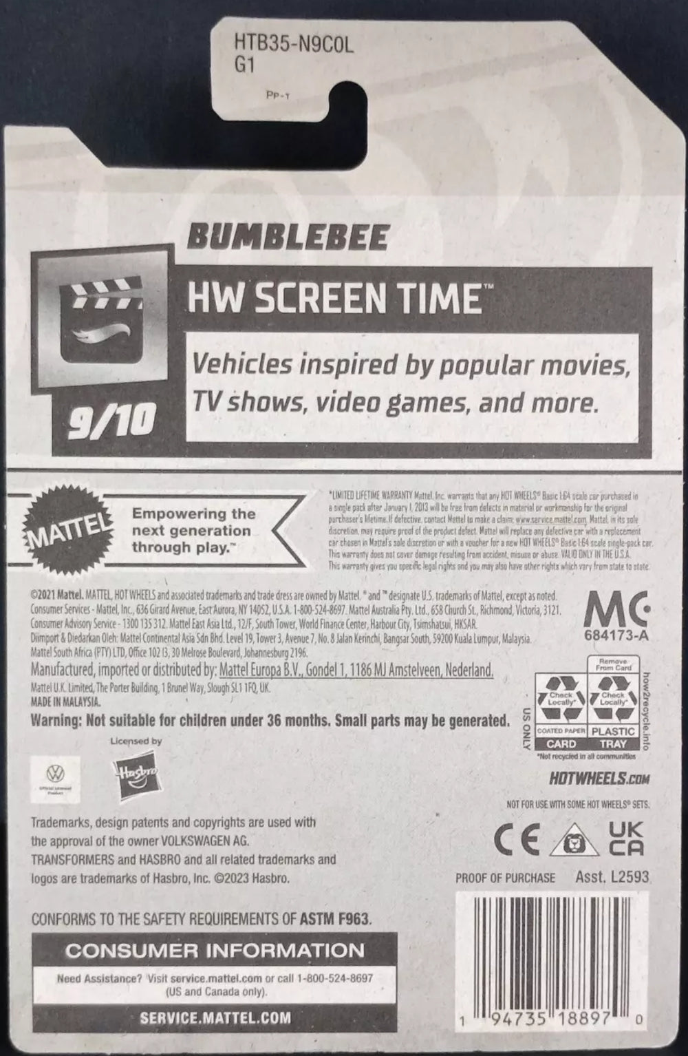 Hot Wheels Bumblebee VW Bug HW Screen Time HTB35 - Transformers