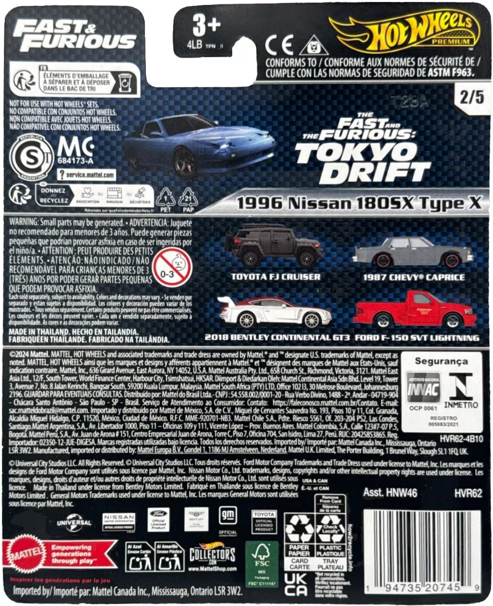Hot Wheels Rápido y Furioso 1996 Nissan 180SX Type X HVR62 - Premium con pilotos reales