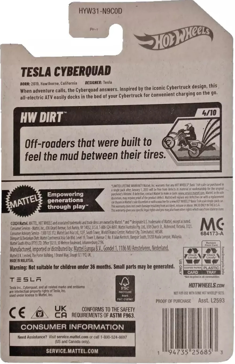 Hot Wheels Tesla Cyberquad HW Dirt HYW31