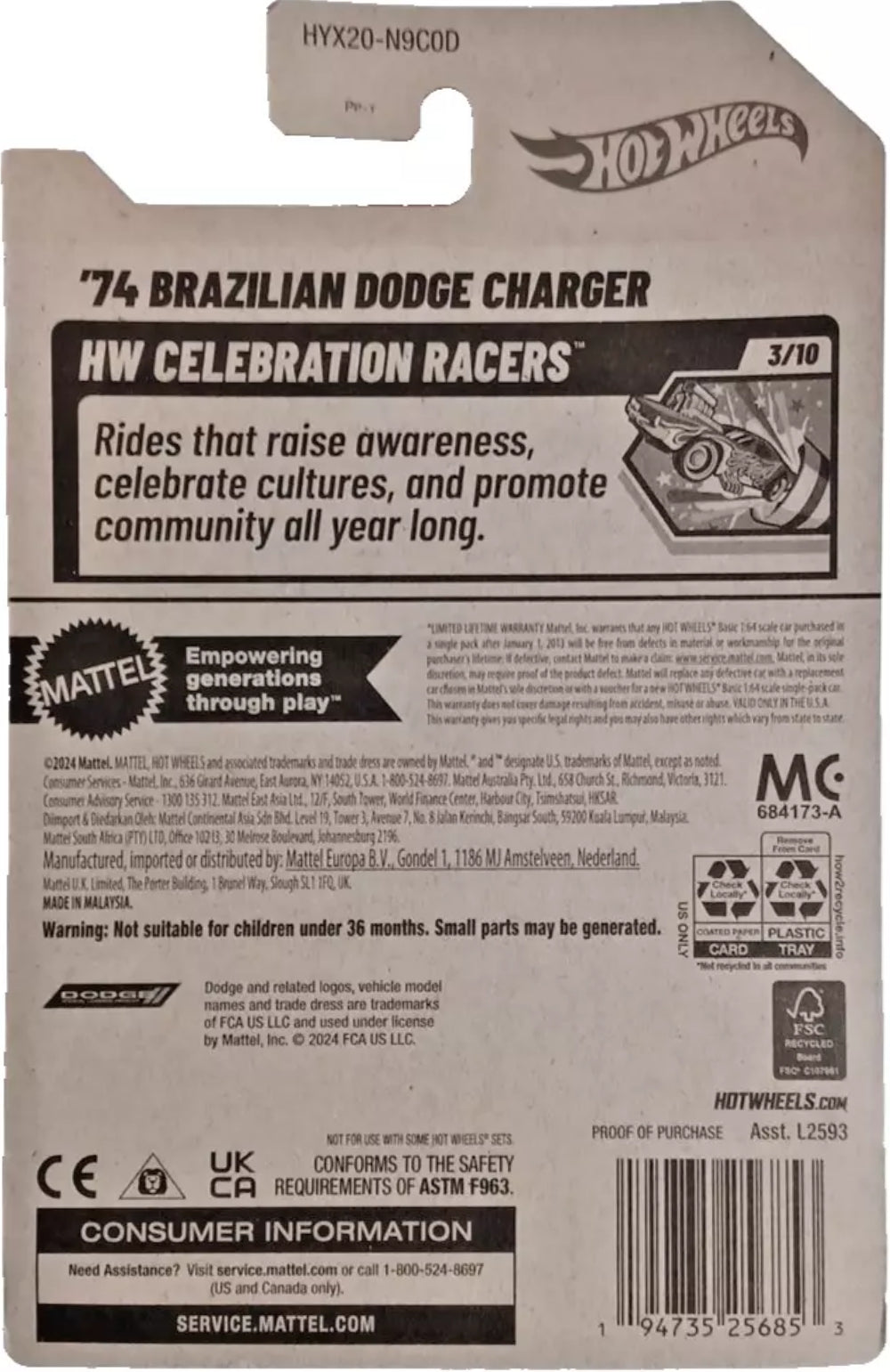 Hot Wheels 1974 Brazilian Dodge Charger HW Celebration Racers HYX20