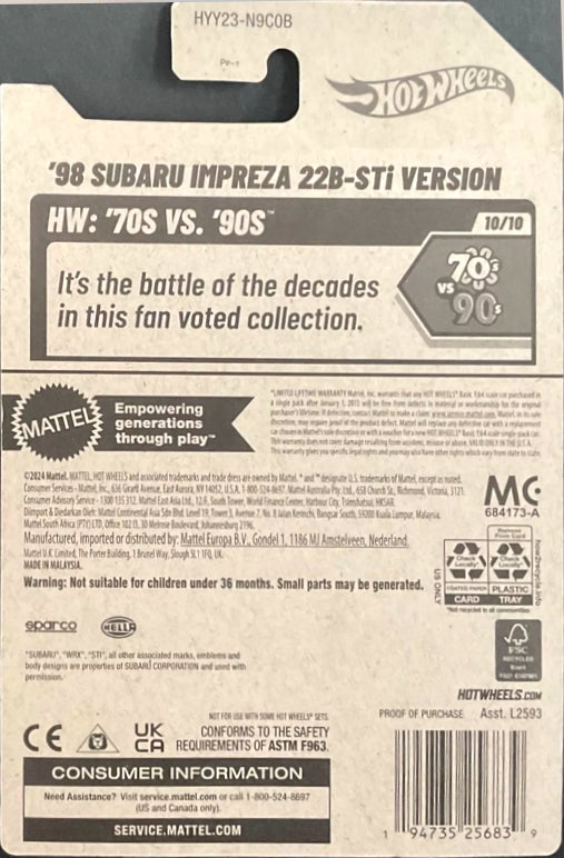 Hot Wheels '98 Subaru Impreza 22B STi-Version HW The '90s HYY23 - 2024 Dollar General Exclusive - Mattel CARD ERROR