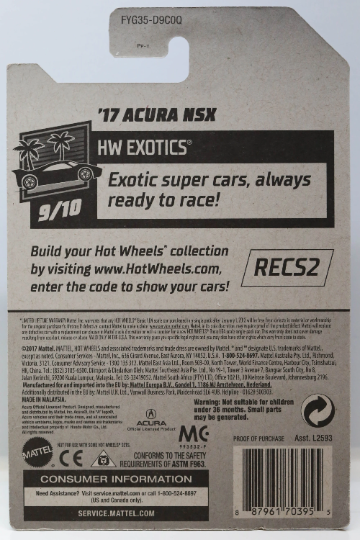 Hot Wheels '17 Acura NSX HW Exotics FYG35 - ZAMAC #018 - Exclusivo de Walmart - Más (+) un Hot Wheel de bonificación - Raro