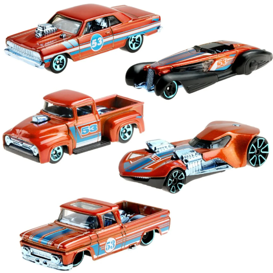 Hot Wheels Naranja y Azul EMC 53.º Aniversario - GRR35-956A - Conjunto completo de 5 coches - VHTF raro