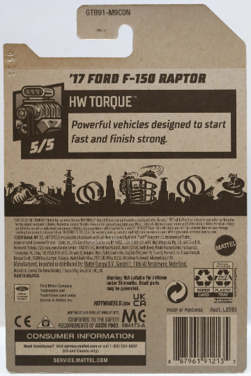 Hot Wheels '17 Ford F-150 Raptor HW Torque GTB91 - Más (+) una rueda caliente de regalo