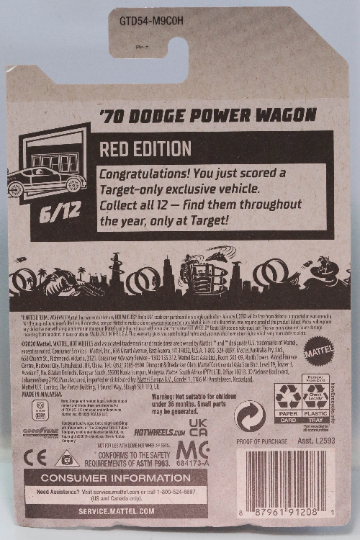 Hot Wheels Dodge Power Wagon HW Red Edition GTD54 de 1970 - Exclusivo de Target - Más (+) un Hot Wheel de regalo
