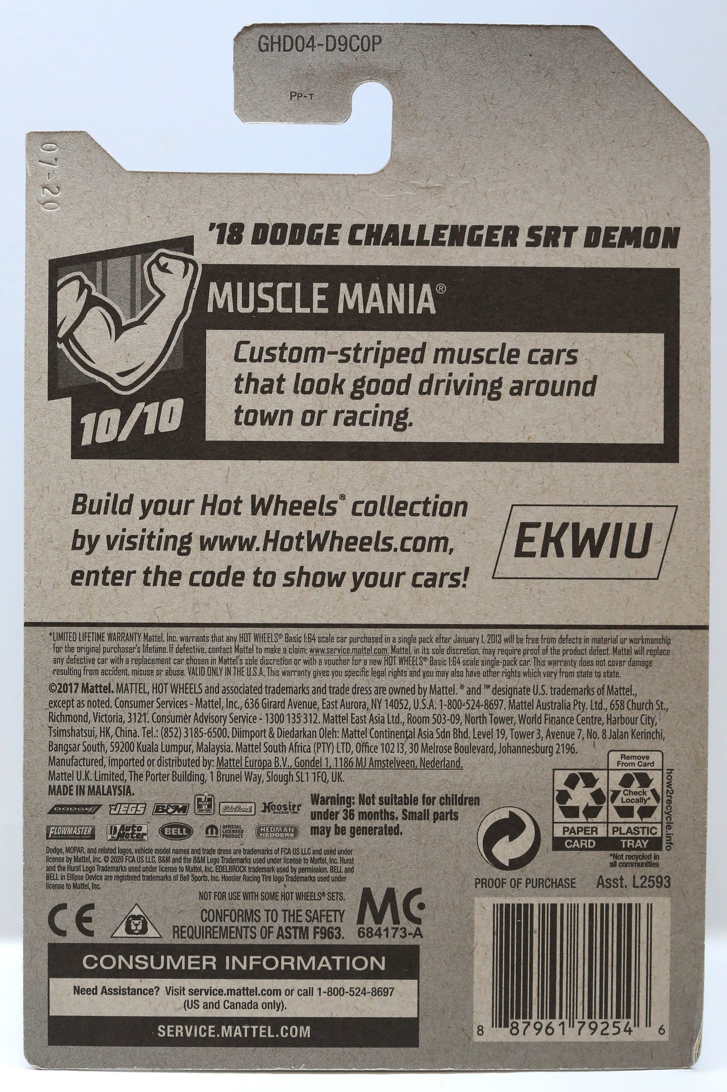 Hot Wheels '18 Dodge Challenger SRT Demon HW Muscle Mania GHD04 - Raro y HTF - Más (+) un Hot Wheel de bonificación