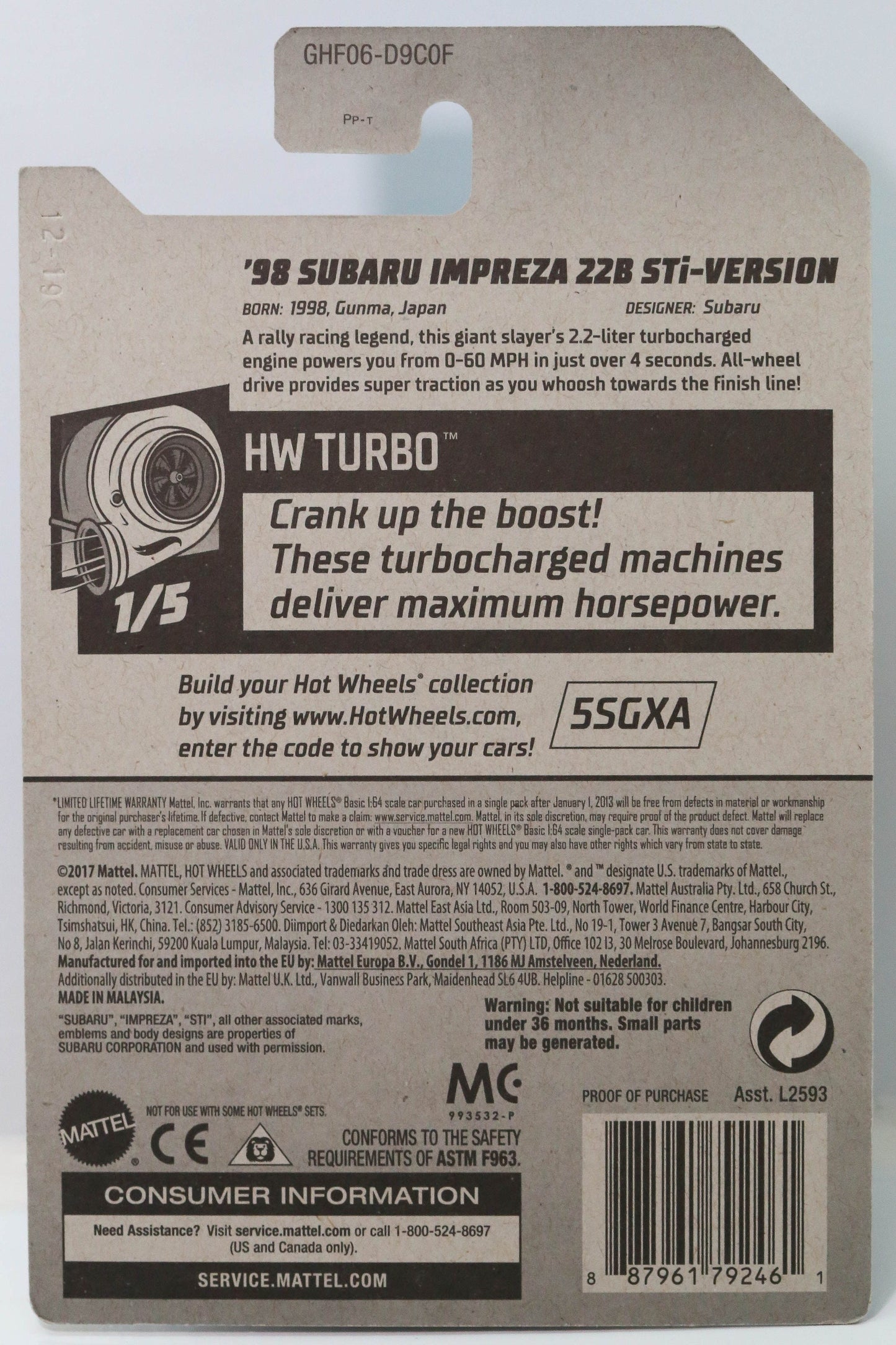 Hot Wheels '98 Subaru Impreza 22B-STi Version HW Turbo GHF06 - Plus (+) a Bonus Hot Wheel