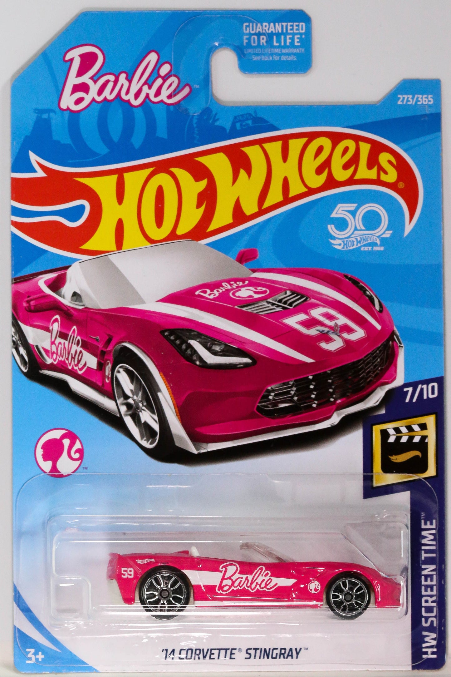 Hot Wheels '14 Corvette Stingray Barbie HW Screen Time FJW39 - Édition 50e anniversaire - Plus (+) une Hot Wheel bonus - Rare et VHTF