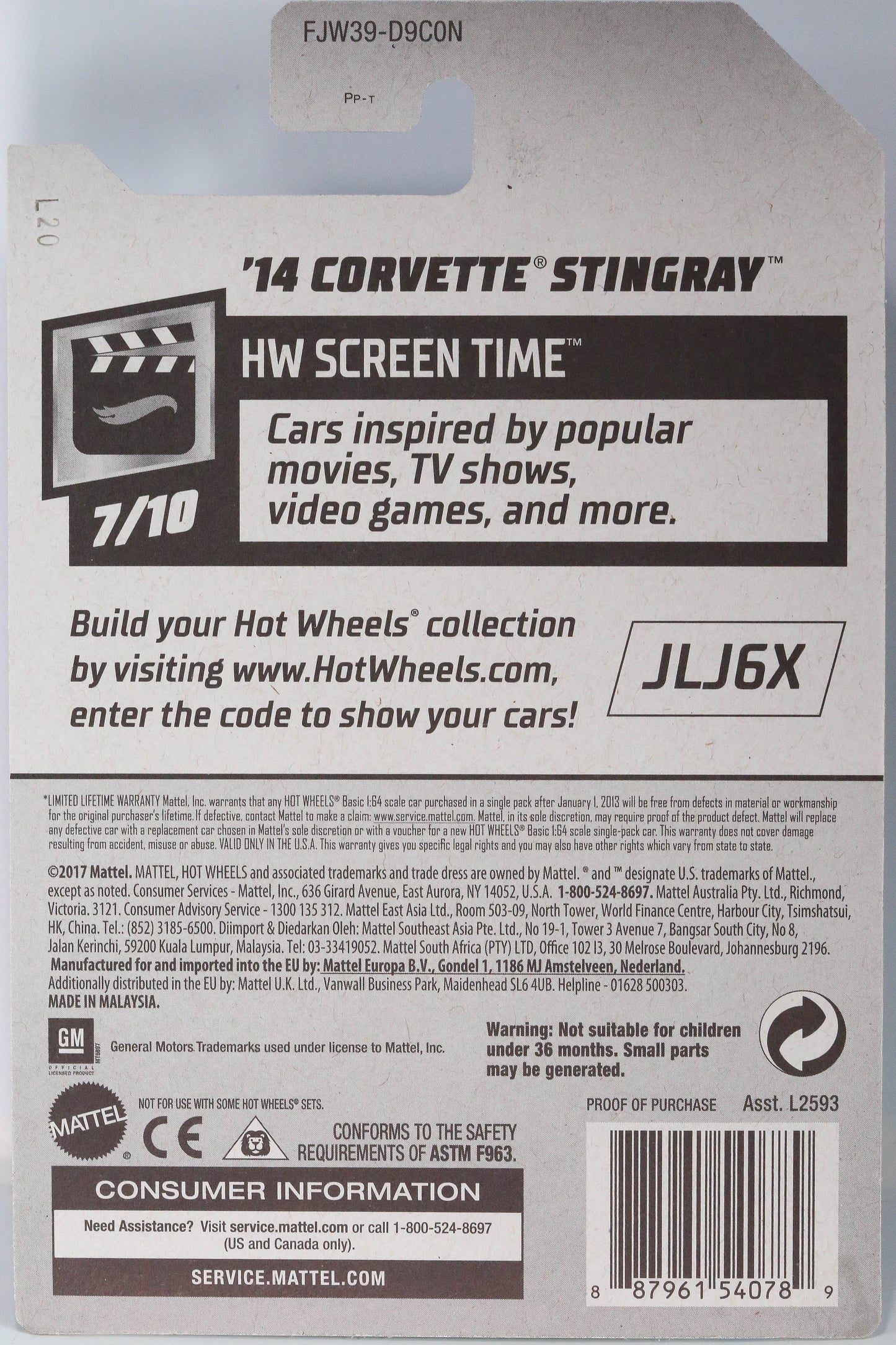 Hot Wheels '14 Corvette Stingray Barbie HW Screen Time FJW39 - Édition 50e anniversaire - Plus (+) une Hot Wheel bonus - Rare et VHTF