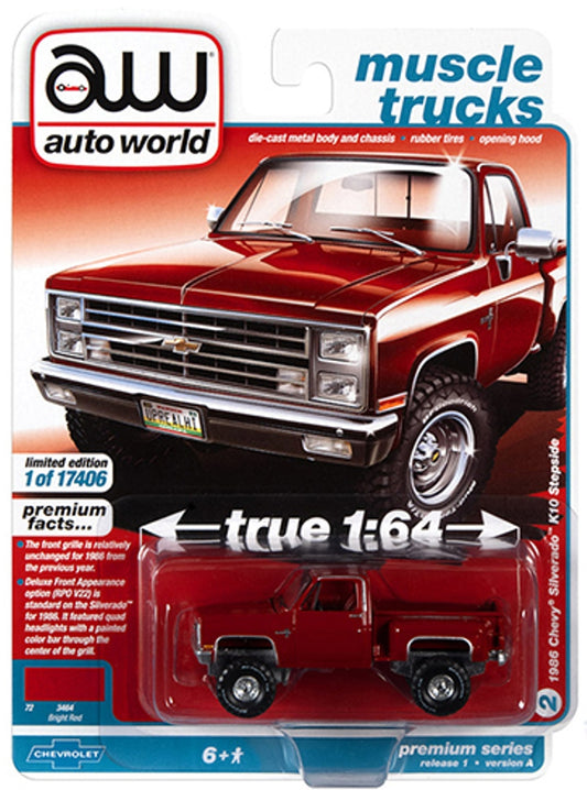 Auto World 1986 Chevy Silverado K10 Stepside Pickup  AW64352-A2 - Bright Red