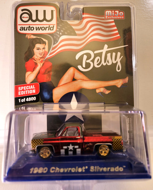 Auto World 1980 Chevrolet Silverado Pickup (MiJo Exclusive) - CP7833 Chase - Red Chrome Pinup Girl Betsy