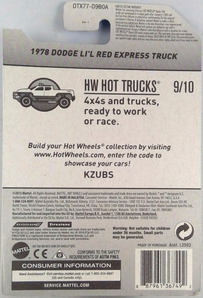 Hot Wheels 1978 Dodge Li'l Red Express Truck HW Hot Trucks DTX77 - Rare