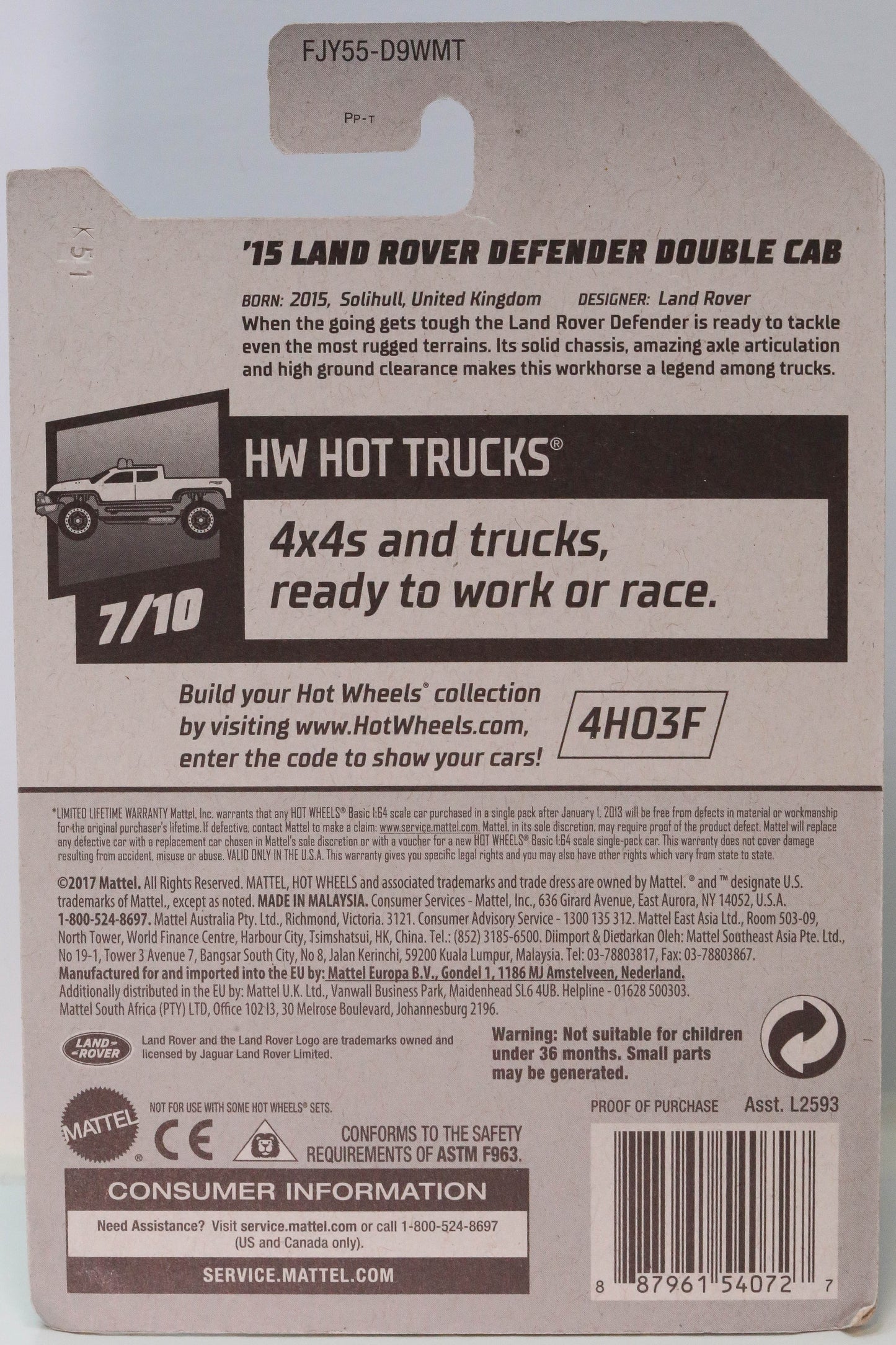 Hot Wheels '15 Land Rover Defender Double Cab HW Hot Trucks FJY55-WMT - 2018 Hot Wheels Month Walmart Exclusive