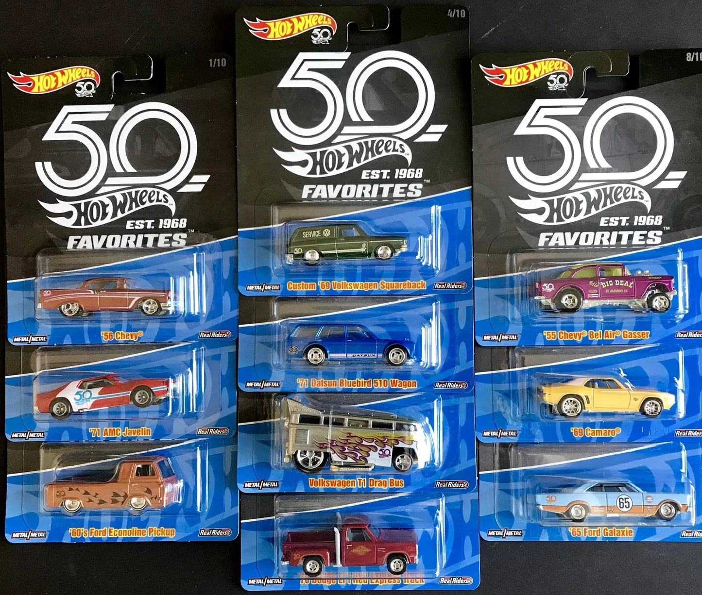 Hot Wheels 50th Anniversary Favorites Series - 2018 - FLF35-FLF38 - Set of Ten (10) - Premium with Real Riders