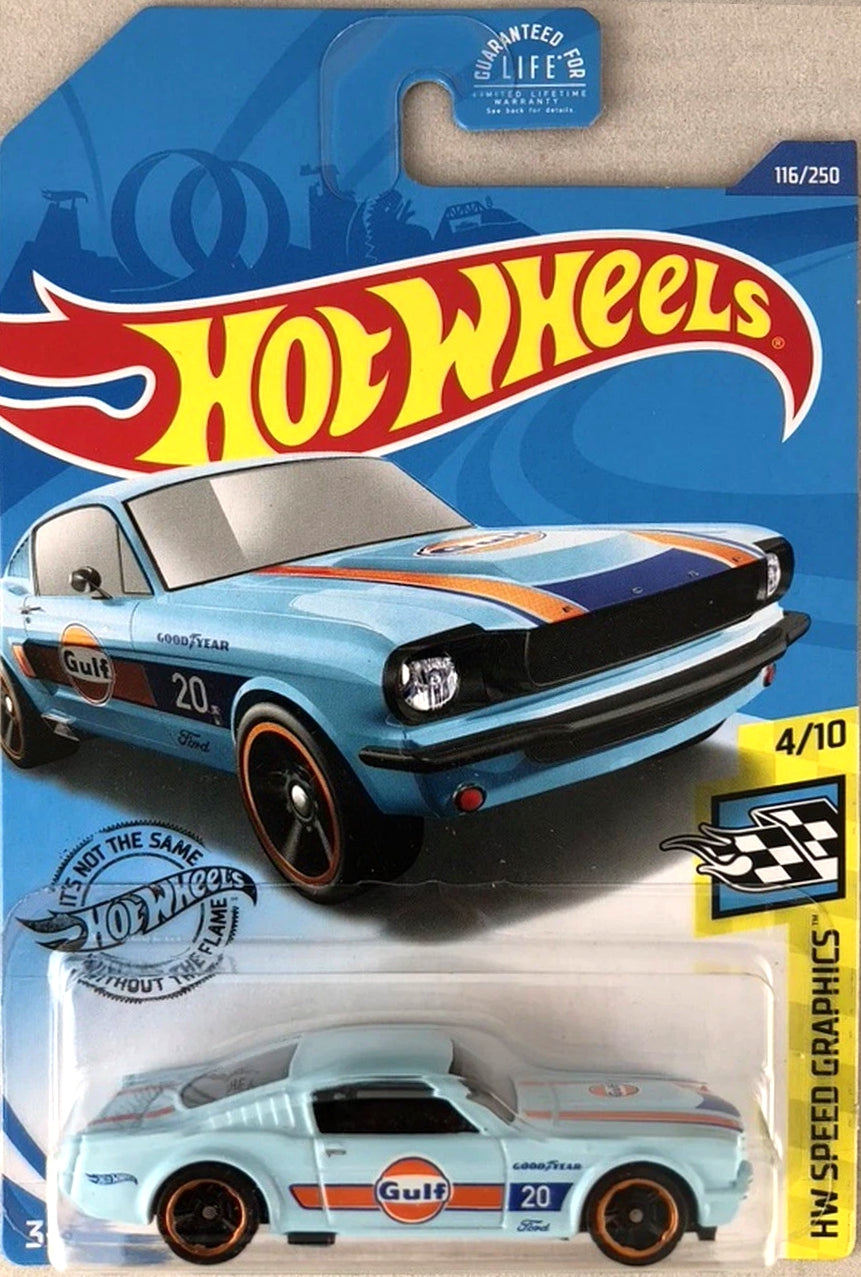 Hot Wheels ’65 Mustang 2+2 Fastback GHC86 in light blue Gulf number 20 livery on sealed 2020 HW Speed Graphics 4/10 card.