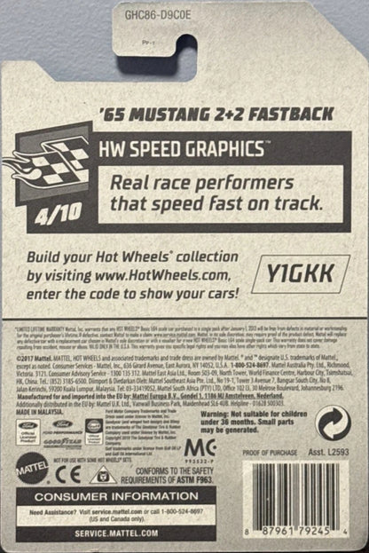 Rear of Hot Wheels ’65 Mustang 2+2 Fastback GHC86 packaging showing HW Speed Graphics 4/10 and UPC 887961792454.