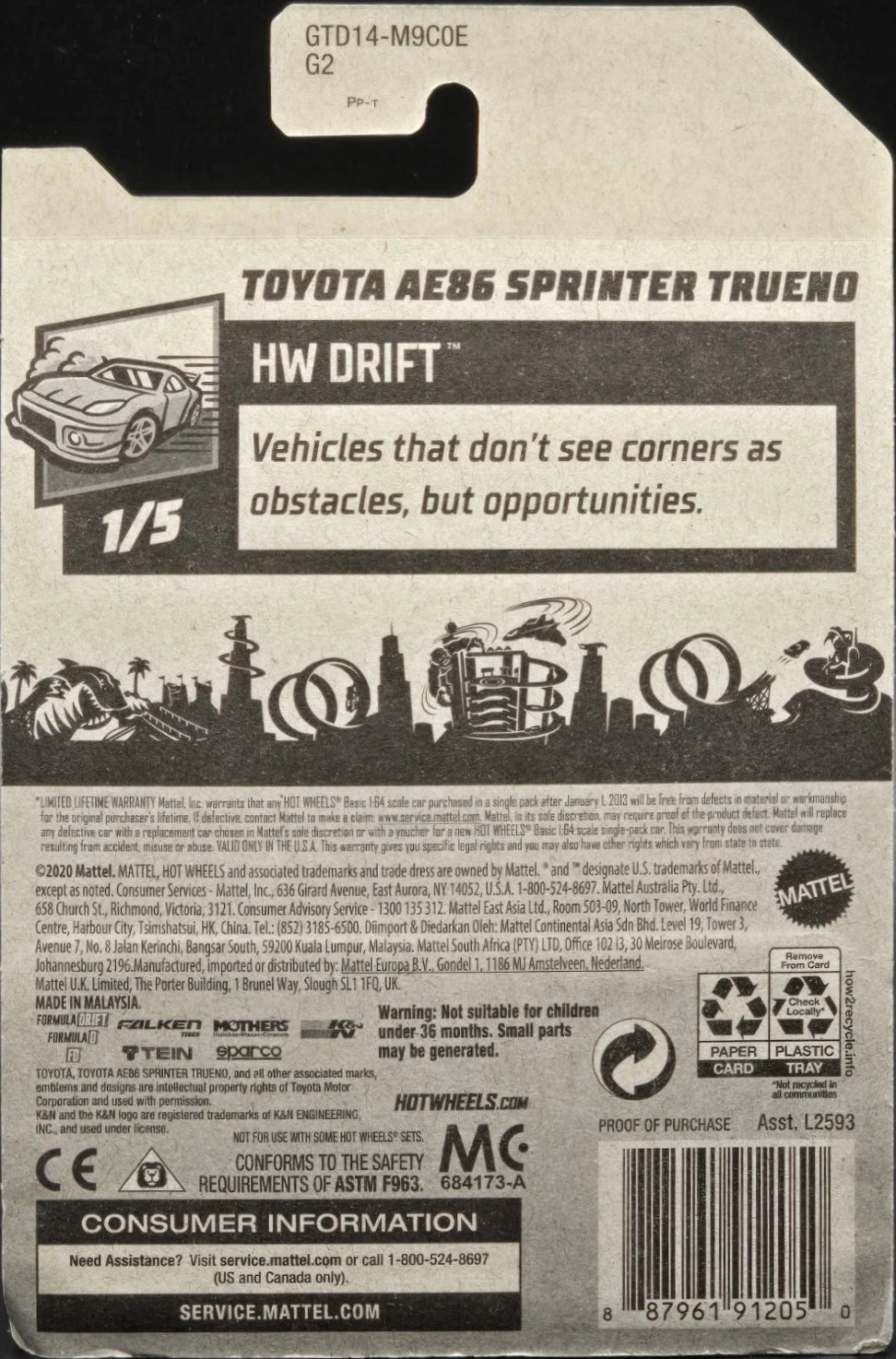 Hot Wheels Toyota AE86 Sprinter Trueno HW Drift GTD14 - ZAMAC #001 - Walmart Exclusive