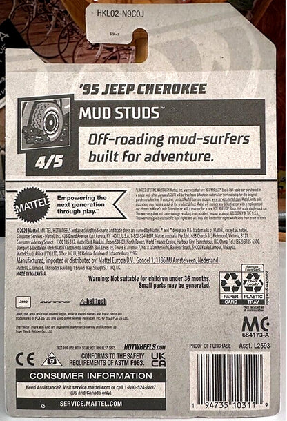 Hot Wheels '95 Jeep Cherokee HW Mud Studs HKL02 - Treasure Hunt - Plus (+) a Bonus Hot Wheel