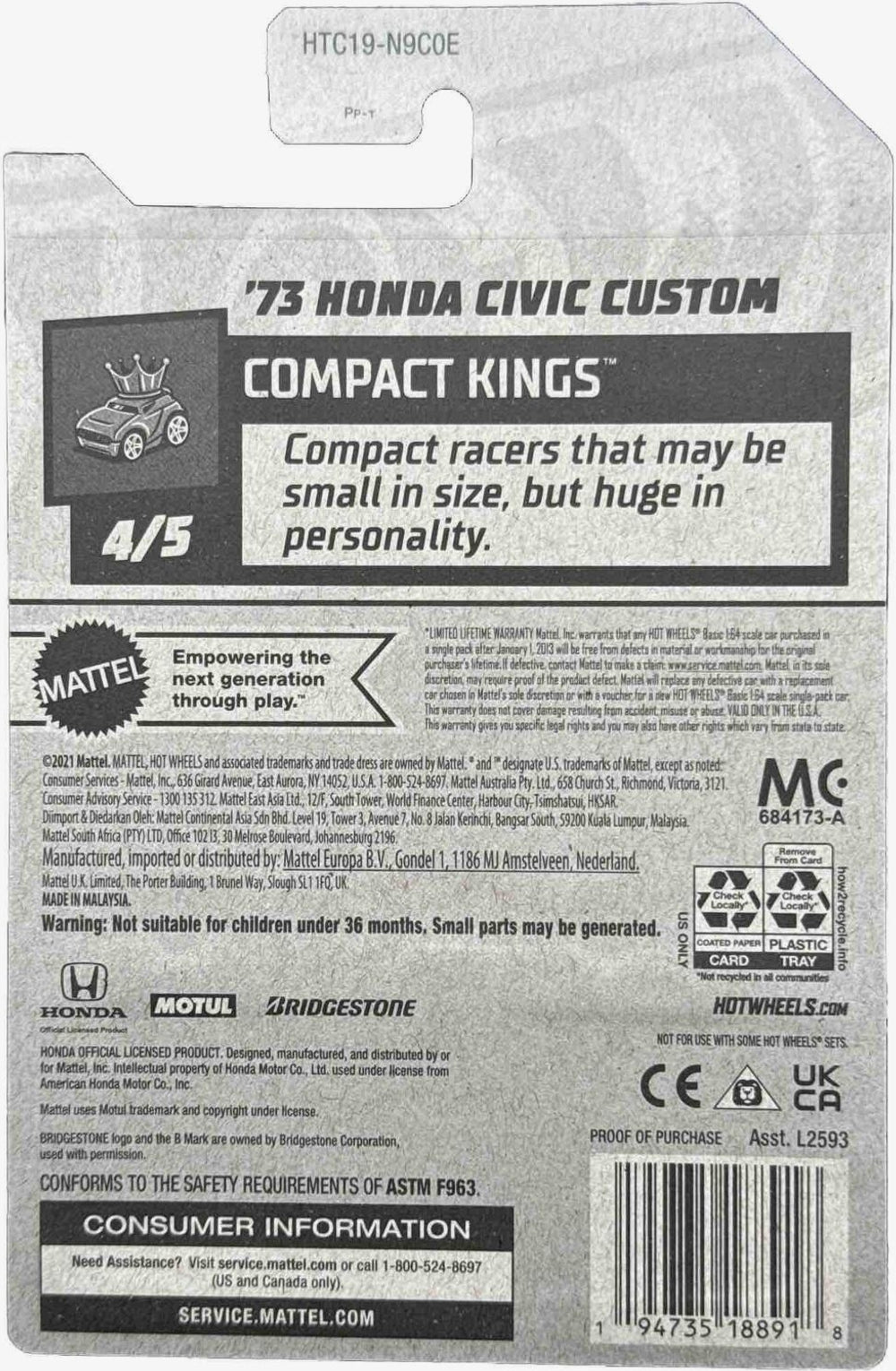 Hot Wheels '73 Honda Civic Custom HW Compact Kings HTC19