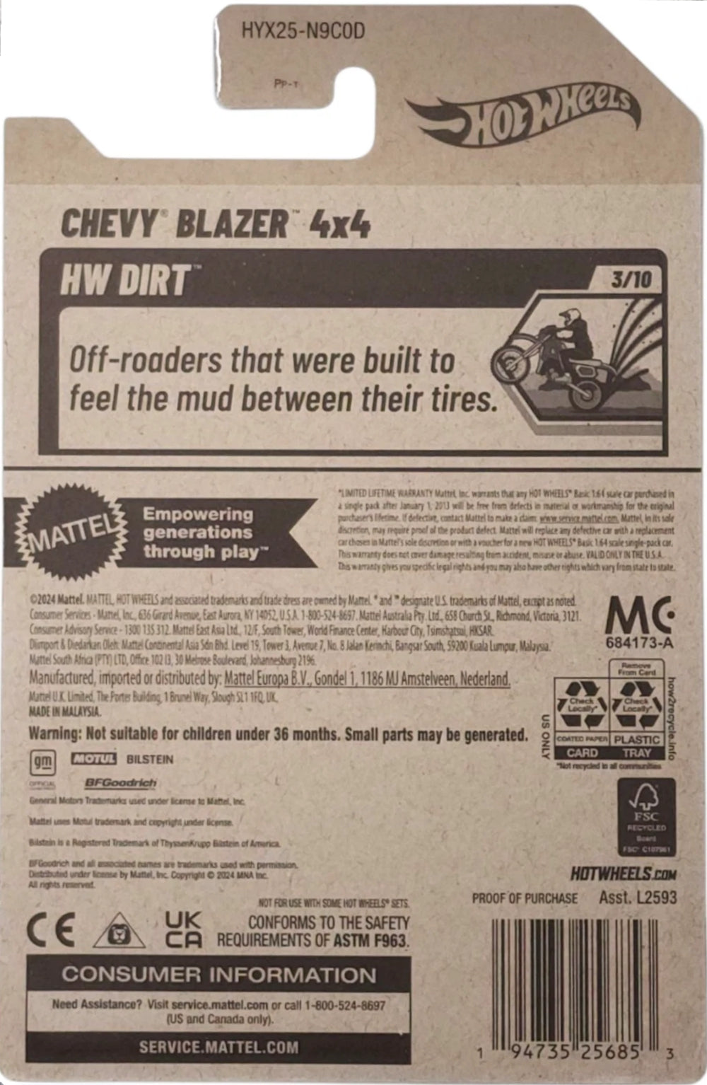 Hot Wheels Blazer 4×4 HW Dirt HYX25