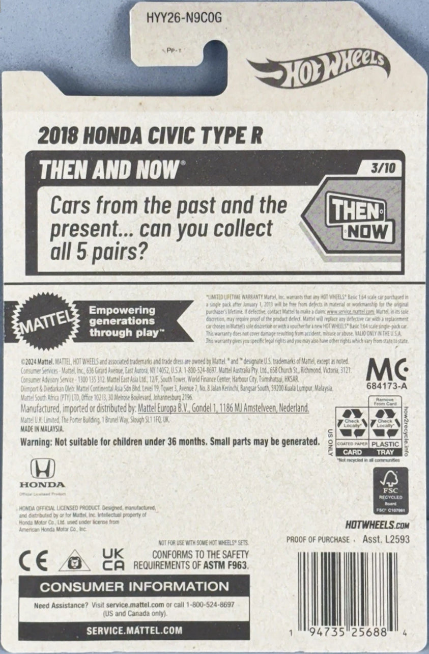 Hot Wheels 2018 Honda Civic Type R HW Then and Now HYY26 - 2025 Dollar General Exclusive