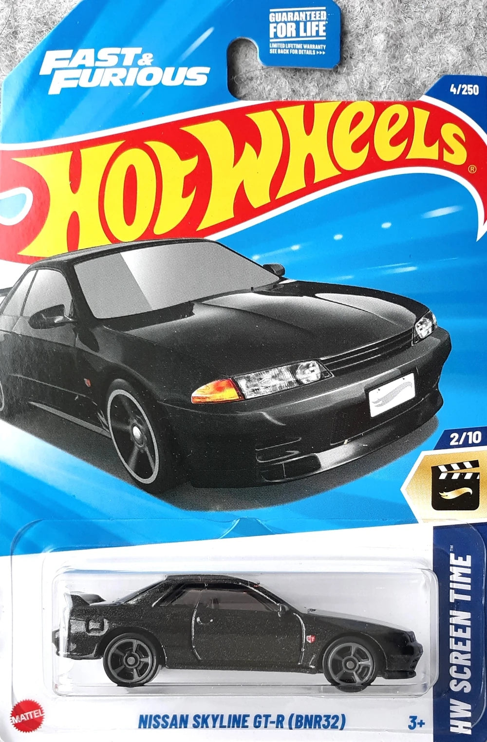 2025 Hot Wheels Nissan Skyline GT-R BNR32 HYY72 in Metalflake Black on sealed Fast & Furious HW Screen Time 2/10 packaging.