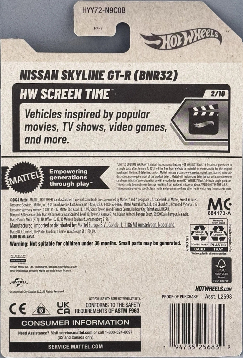 Rear packaging of Hot Wheels Nissan Skyline GT-R BNR32 HYY72 showing HW Screen Time 2/10, product information, and UPC.