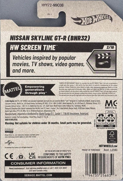 Rear packaging of Hot Wheels Nissan Skyline GT-R BNR32 HYY72 showing HW Screen Time 2/10, product information, and UPC.