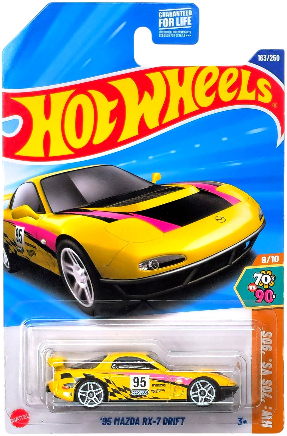 Hot Wheels '95 Mazda RX-7 Drift toy car in packaging with blue and red background