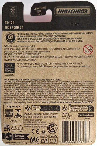 JHM82-002: Rear packaging of Matchbox 2005 Ford GT JHM82 showing Ford licensing, collector number 93/125, and UPC 035995307827.