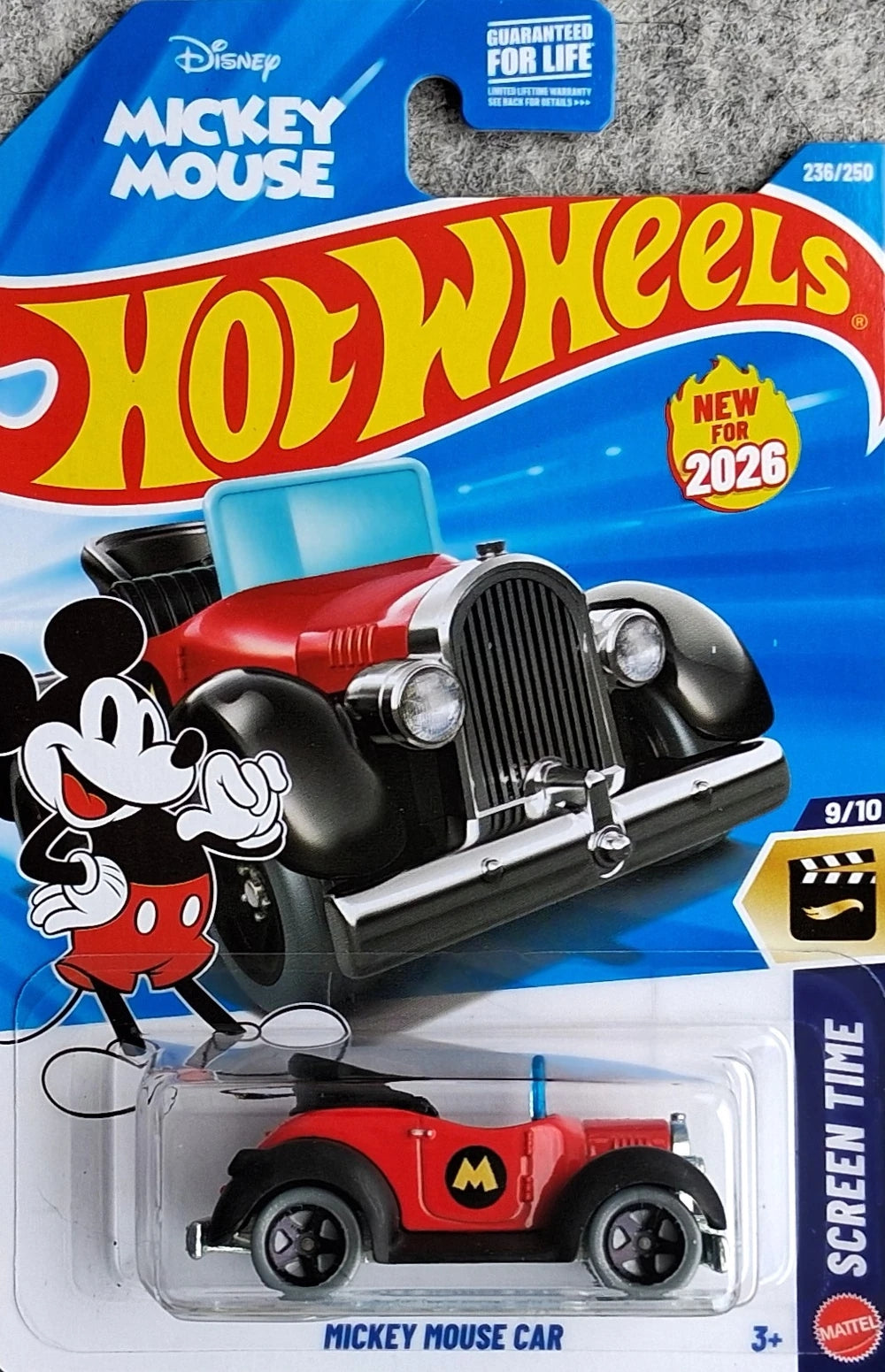 Hot Wheels Disney Mickey Mouse Car JJH74, red roadster with black fenders, on 2026 Screen Time 9/10 packaging, collector 236/250.