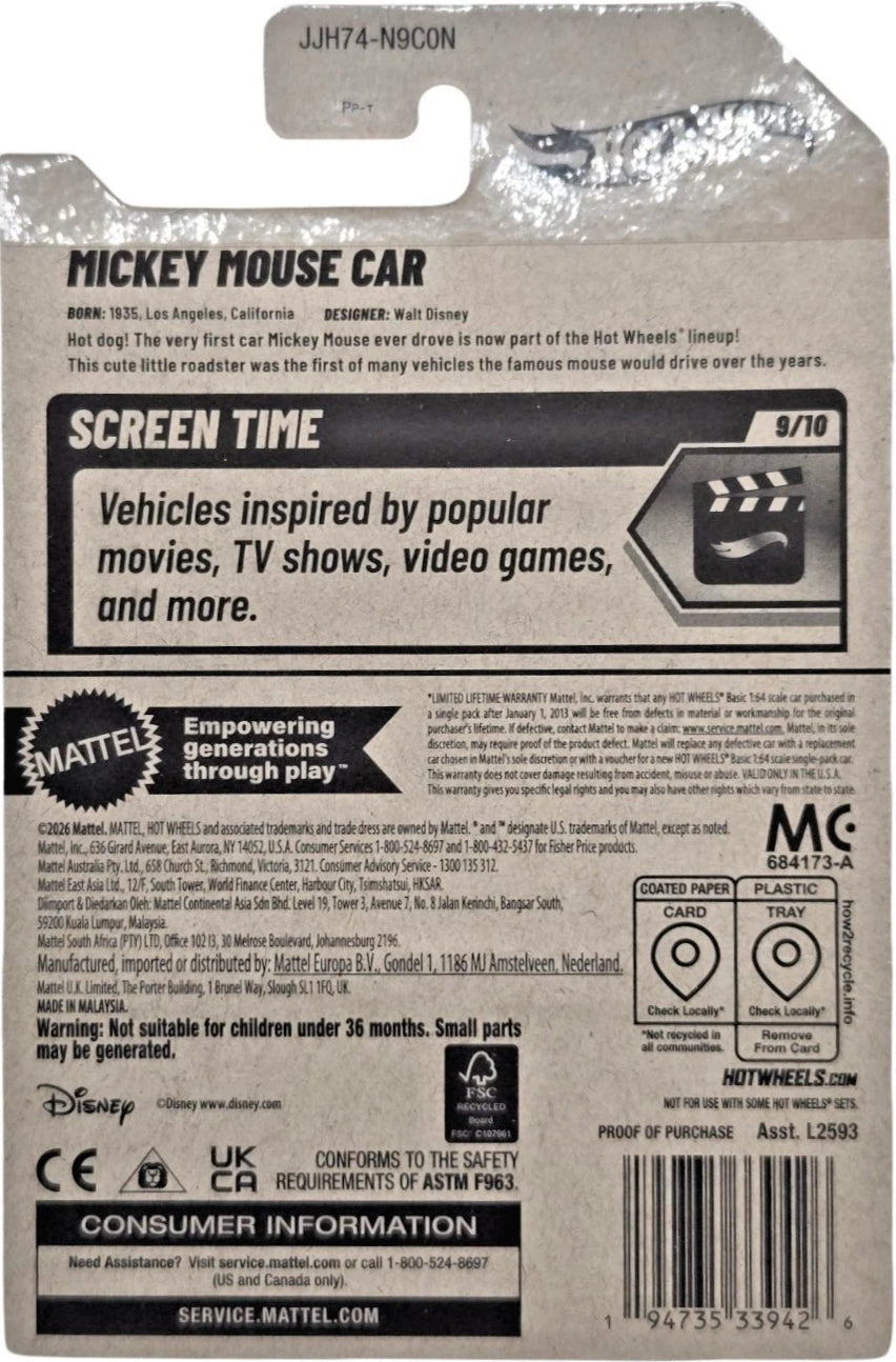 Rear packaging of Hot Wheels Mickey Mouse Car JJH74 showing Disney licensing, Screen Time 9/10, and UPC 194735339426.