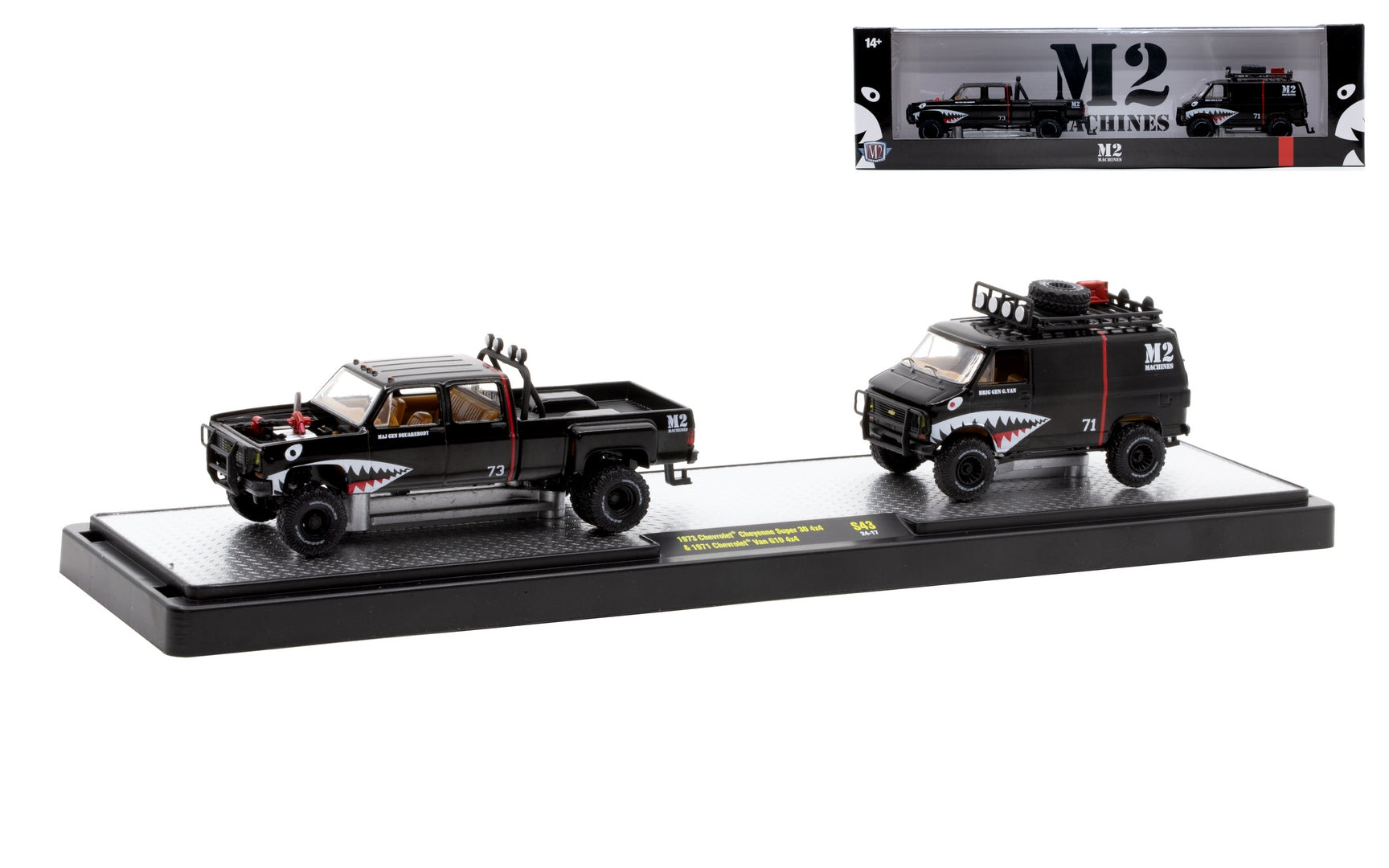 M2 Machines 1973 Chevrolet Cheyenne Super 30 and 1971 Chevrolet G10 Van 4x4 1:64 diecast set