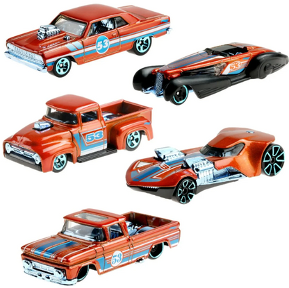 Hot Wheels Orange And Blue EMC 53rd Anniversary Models - GRR35-956A - Mix 1 Full Set of 5 Cars - Rare VHTF