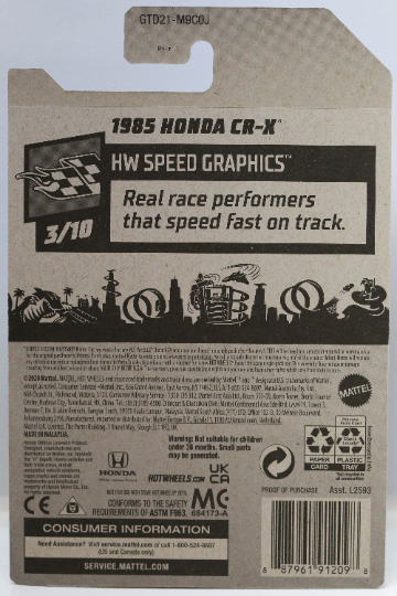 Hot Wheels 1985 Honda CR-X HW Speed Graphics GTD21 - ZAMAC #008 - Walmart Exclusive - Plus (+) a Bonus Hot Wheel