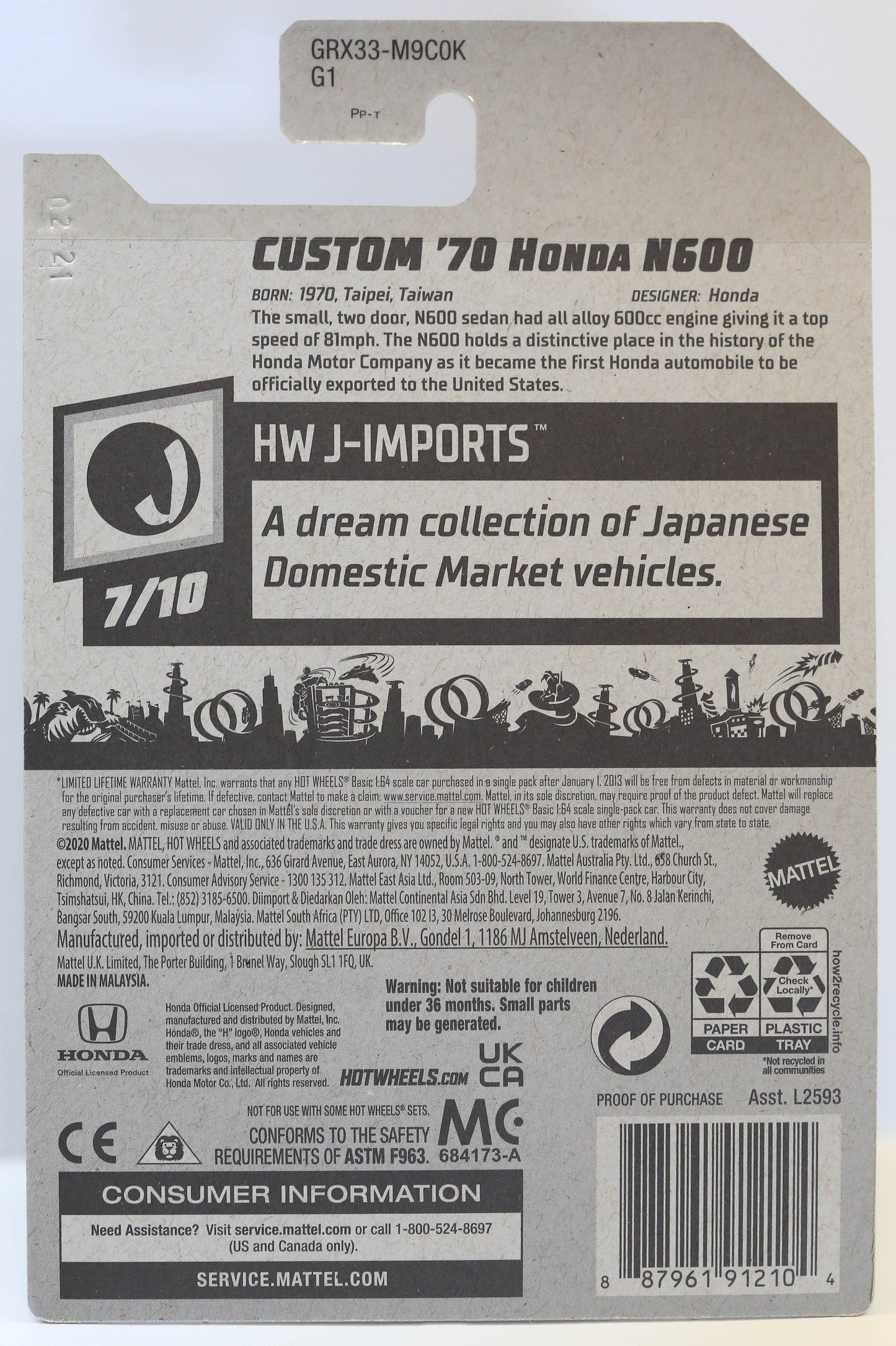 Hot Wheels CUSTOM '70 Honda N600 HW J-Imports GRX33 - Plus (+) a Bonus Hot Wheel