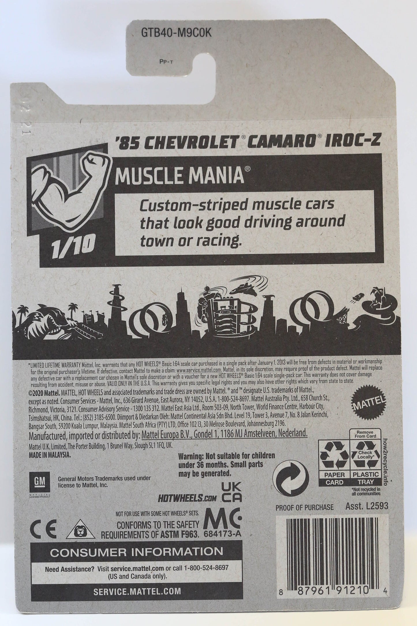 Hot Wheels '85 Chevrolet Camaro IROC-Z HW Muscle Mania GTB40 - Plus (+) a Bonus Hot Wheel