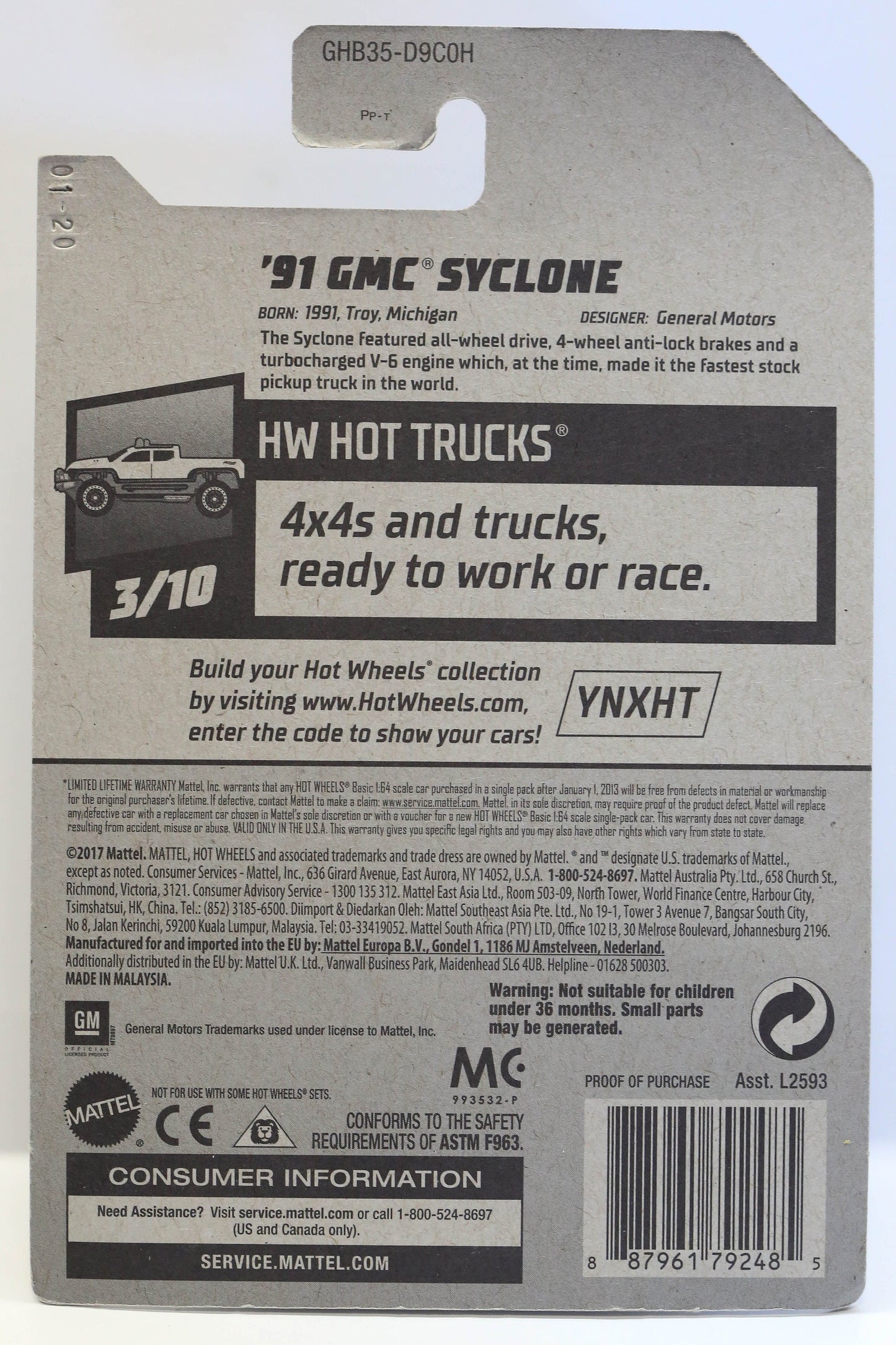 Hot Wheels '91 GMC Syclone HW Hot Trucks GHB35 - Plus (+) a Bonus Hot Wheel