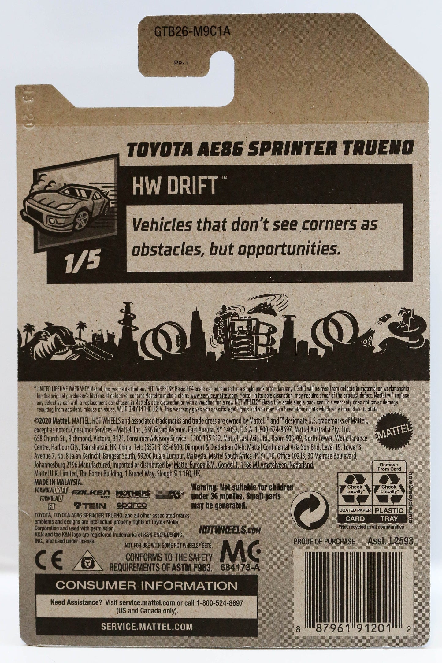 Hot Wheels Toyota AE86 Sprinter Trueno HW Drift GTB26 - Plus (+) a Bonus Hot Wheel