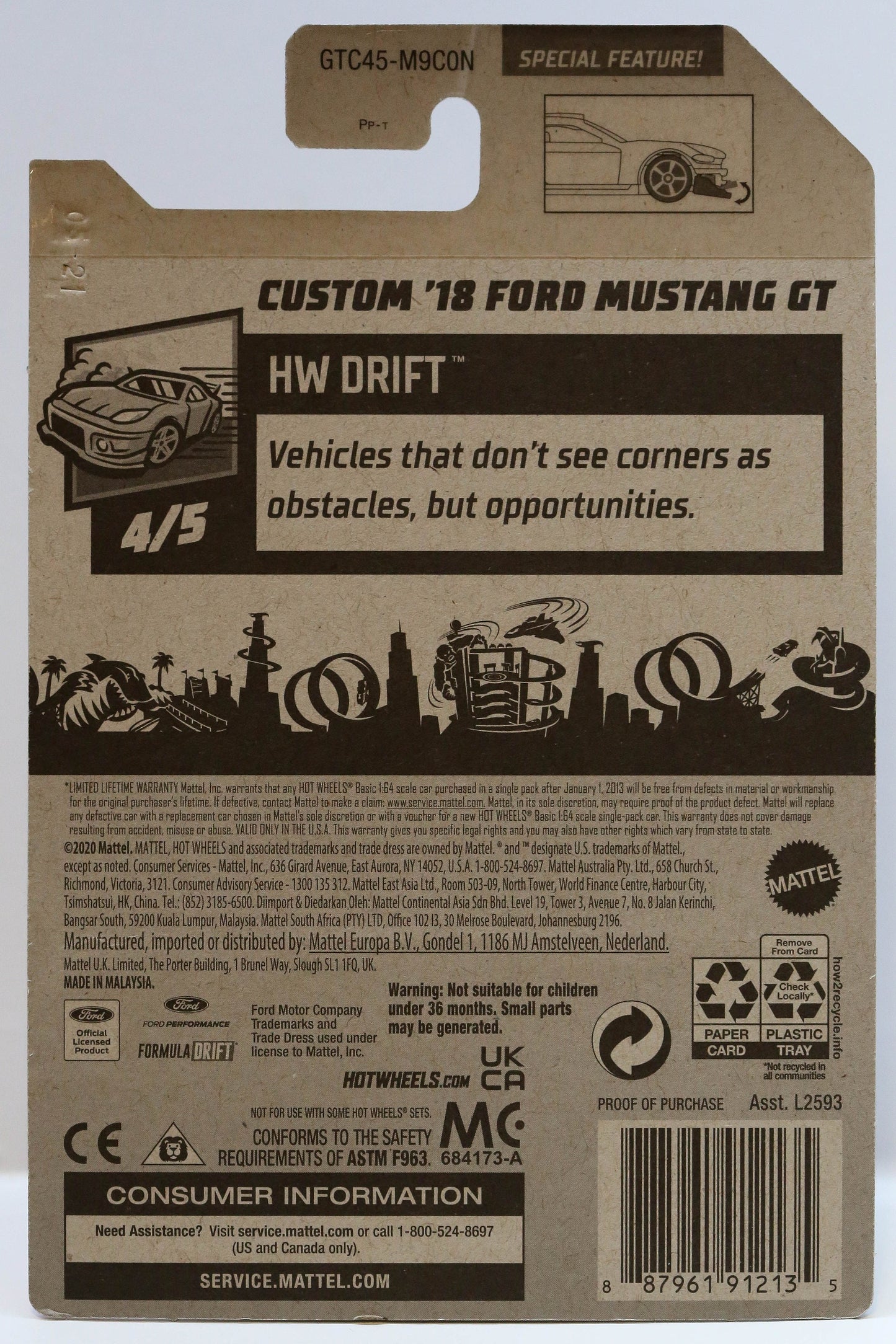 Hot Wheels Custom '18 Ford Mustang GT HW Drift GTC45 - Plus (+) a Bonus Hot Wheel