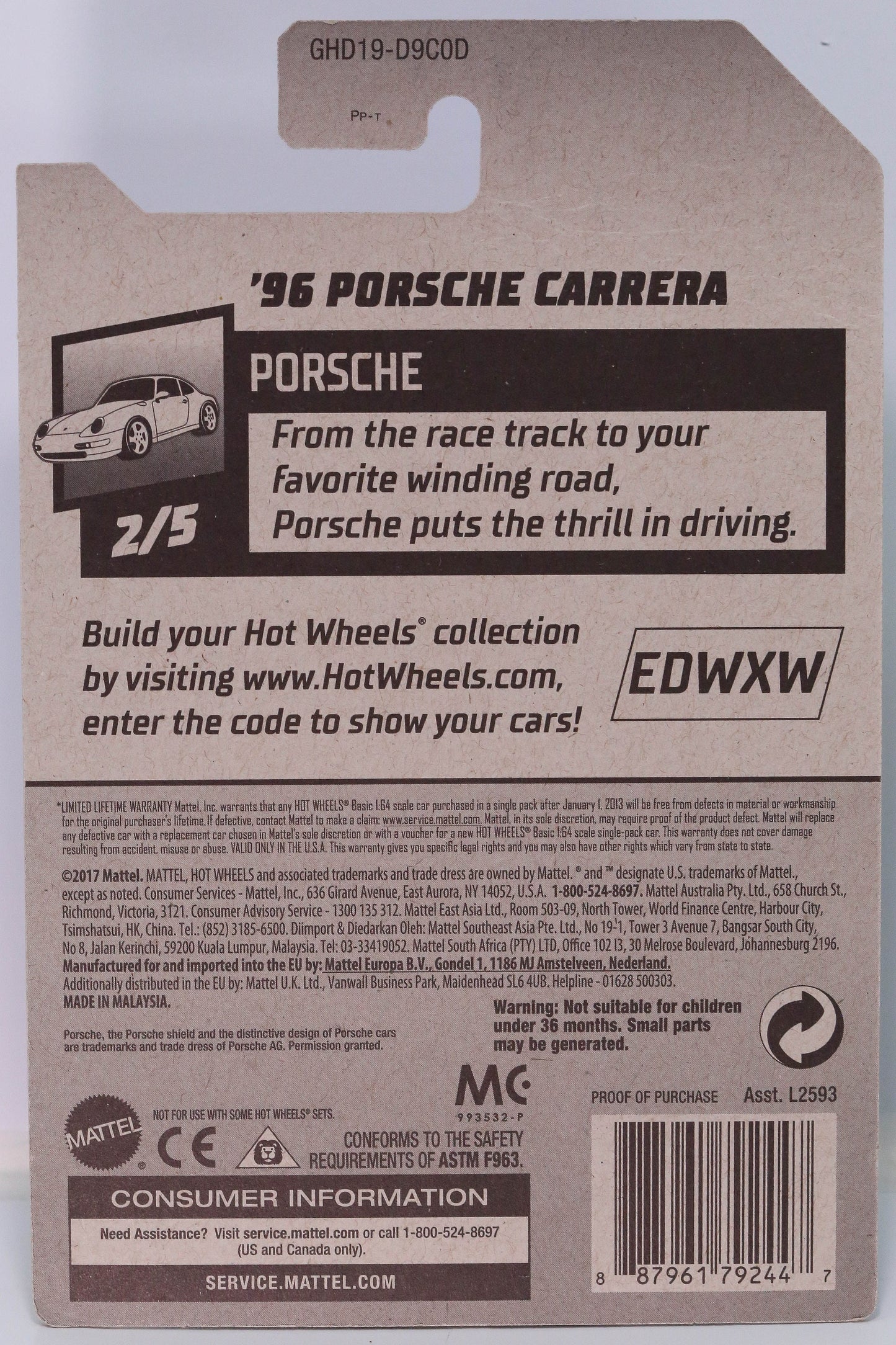 Hot Wheels '96 Porsche Carrera HW Porsche GHD19 - Plus (+) a Bonus Hot Wheel